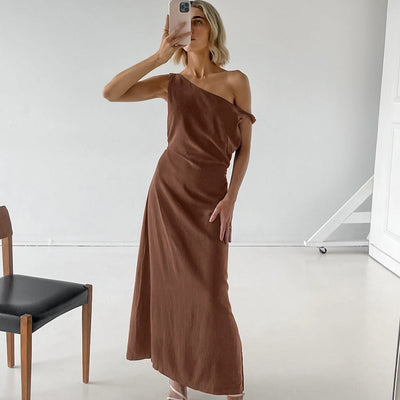 Women’s One-Shoulder Dress – Cotton Linen Blend – Slim Fit – Full Length – Formal Wear