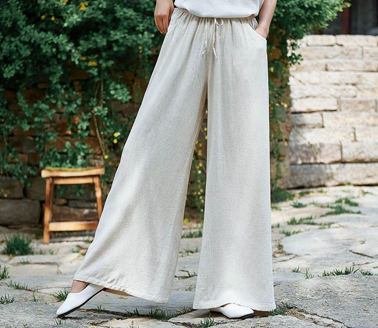 Women’s Wide-Leg Trousers – Cotton Linen Blend – Relaxed Fit – Drawstring Waist – Full Length
