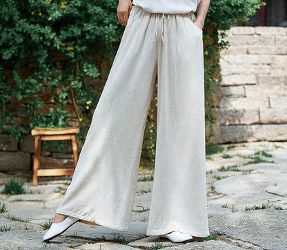 Women’s Wide-Leg Trousers – Cotton Linen Blend – Relaxed Fit – Drawstring Waist – Full Length