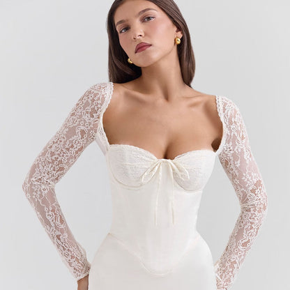 Women’s Evening Dress – Satin Bodycon Fit – Lace Sleeves – Sweetheart Neckline
