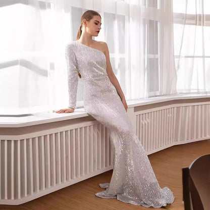 Women’s Evening Gown – One Shoulder – Sequin Embellished – Slim Fit Mermaid Maxi