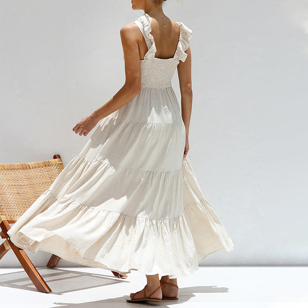 Women’s Maxi Dress – Flowing A-Line Fit – Tiered Skirt – Ruffled Straps – V-Neck – Breathable Blend