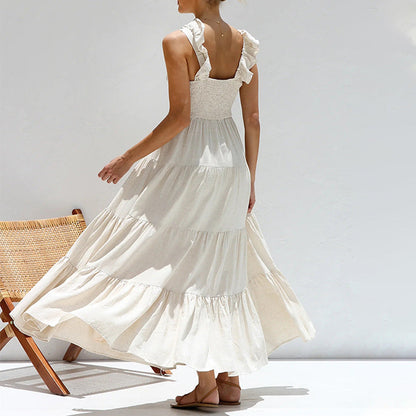 Women’s Maxi Dress – Flowing A-Line Fit – Tiered Skirt – Ruffled Straps – V-Neck – Breathable Blend