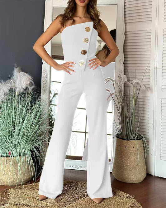 Women’s Flared Jumpsuit – Strapless Tube Top – Tailored Fit – Decorative Button Detail