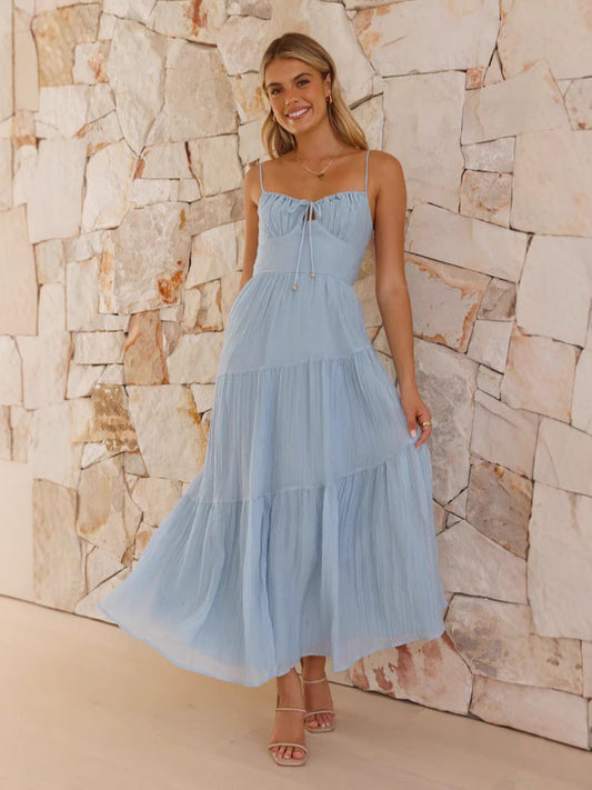 Women’s Long Dress – A-Line Fit – Spaghetti Straps – Tiered Skirt – Open Back Flowy Fabric