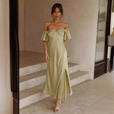 Women’s Midi Dress – Satin Feel – Slim Fit – Off Shoulder – V-Back – Side Slit