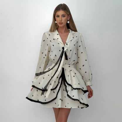 Women’s Two-Piece Dress Set – Chiffon – V-Neck Top – Long Sleeve – Ruffle Mini Skirt