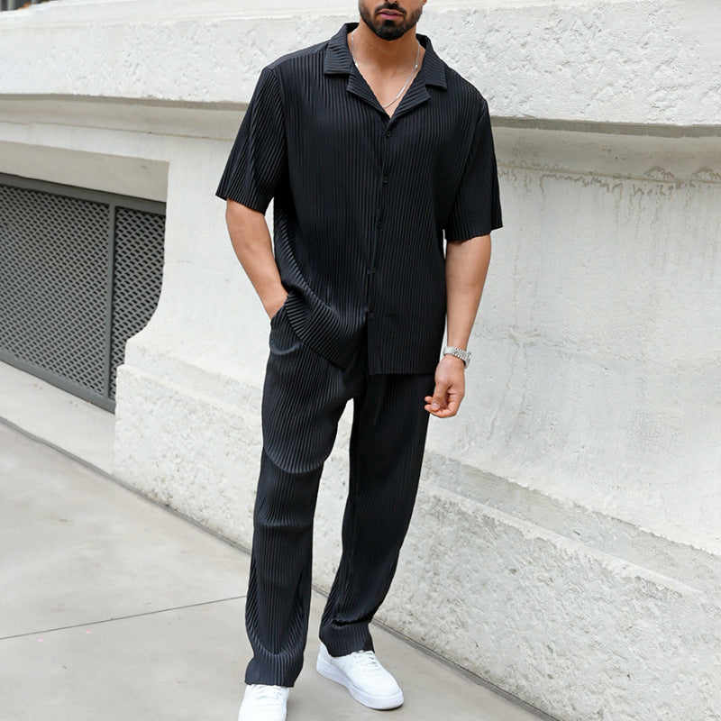 Men’s Athleisure Set – Relaxed Fit – Short Sleeve Shirt – Straight Leg Trousers – Breathable Blend