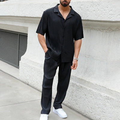 Men’s Athleisure Set – Relaxed Fit – Short Sleeve Shirt – Straight Leg Trousers – Breathable Blend