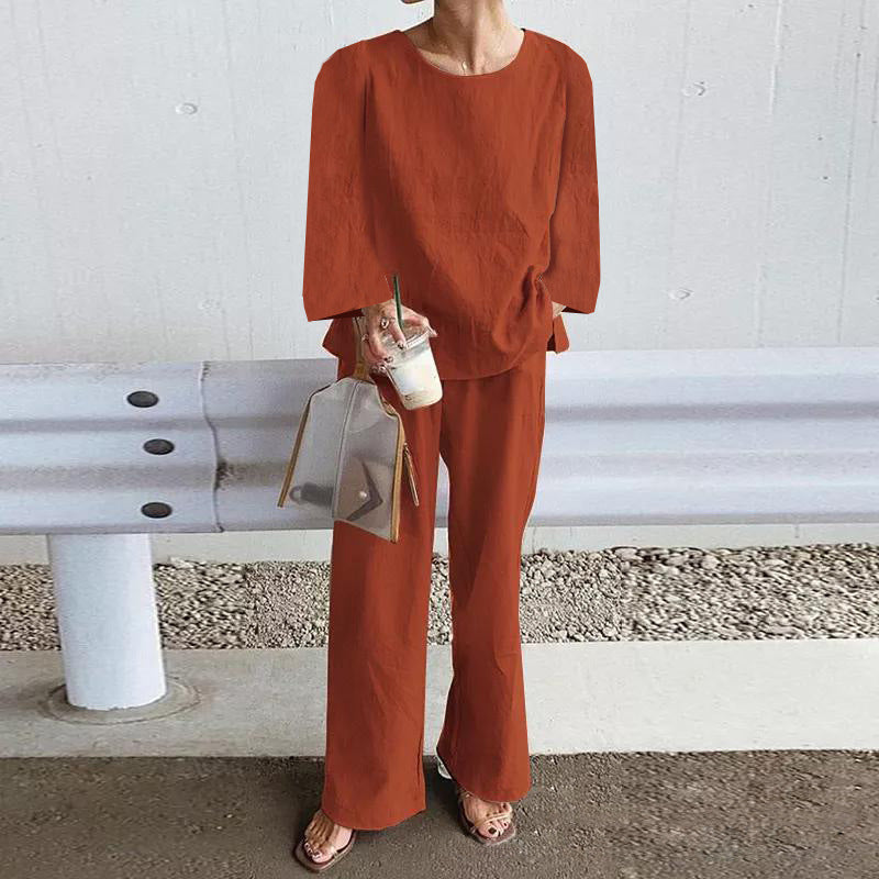 Women’s Two-Piece Set – Linen Blend – Relaxed Fit – Long Sleeve Top – Wide Leg Trousers