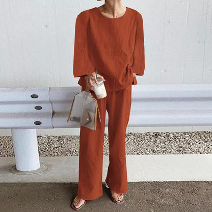 Women’s Two-Piece Set – Linen Blend – Relaxed Fit – Long Sleeve Top – Wide Leg Trousers