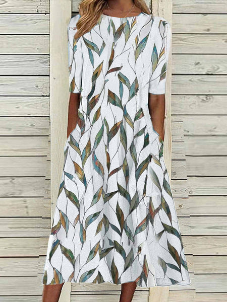 Women’s Midi Dress – Relaxed Fit – Leaf Print – Round Neck – Half Sleeve – Natural Fibers