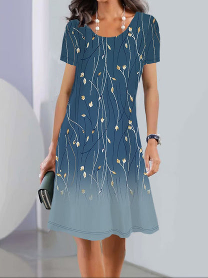 Women’s A-Line Dress – Floral Print – Scoop Neck – Short Sleeve – Cotton – Knee Length