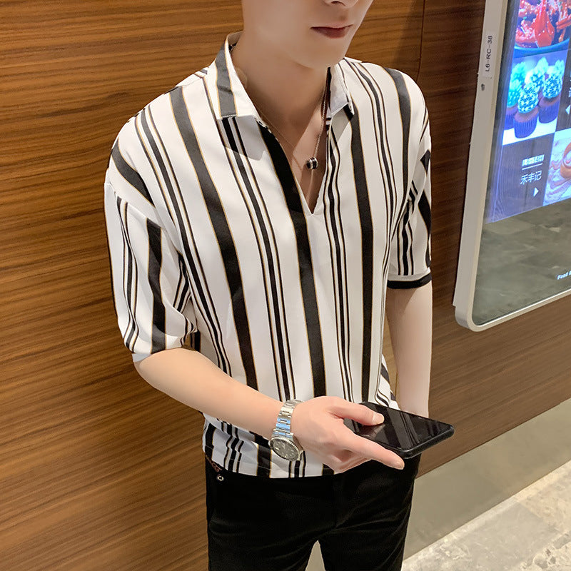 Men's Stripe Shirt - Three-Quarter Sleeve - Casual Wear