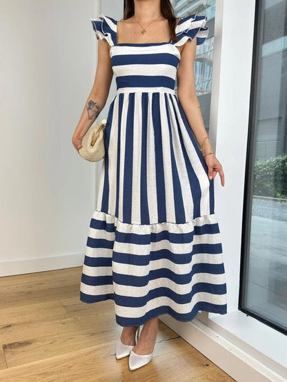 Women’s Midi Dress – Cotton Blend – Relaxed Fit – Off Shoulder – Striped – Ruffle Sleeve