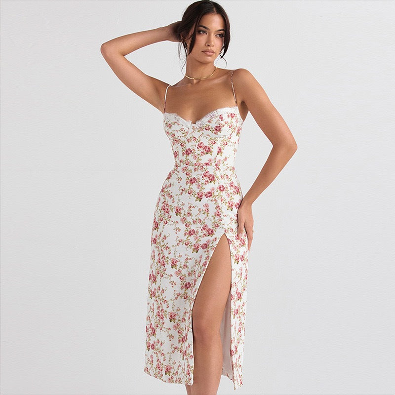 Women’s Midi Dress – Slim Fit – Floral Print – Sweetheart Neckline – Side Slit