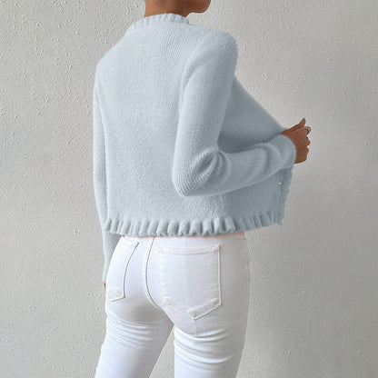 Women’s V-Neck Cardigan – Slim Fit Knit – Pearl Buttons – Ruffle Trim – Waist Length