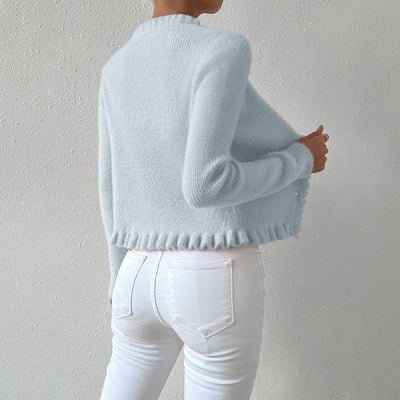 Women’s V-Neck Cardigan – Slim Fit Knit – Pearl Buttons – Ruffle Trim – Waist Length