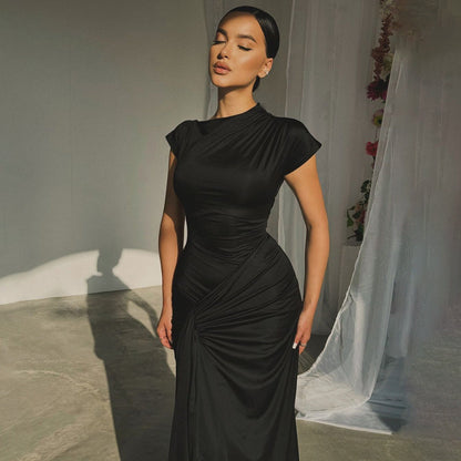 Women’s Full-Length Dress – Draped Waist – Form-Fitting – Short Sleeve Elegant Fit