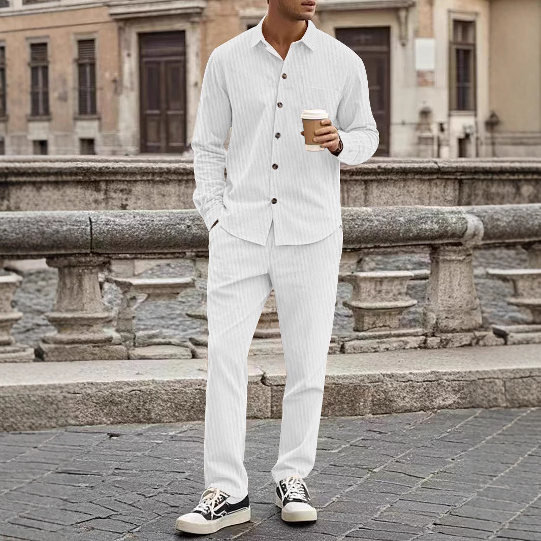 Men’s Shirt and Trousers Set – Corduroy – Relaxed Fit – Button-Up Casual Outfit