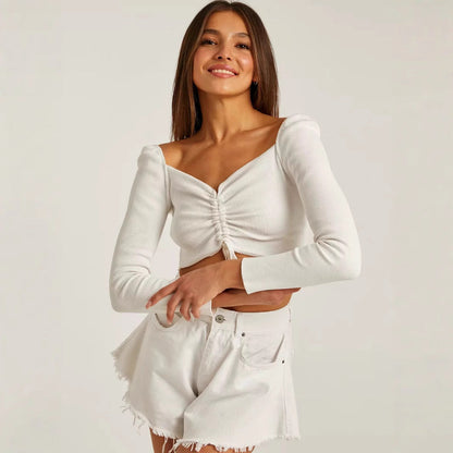 Women’s Cropped Top – Slim Fit – Ribbed Knit – Tie Front – V-Neck – Long Sleeve Casual