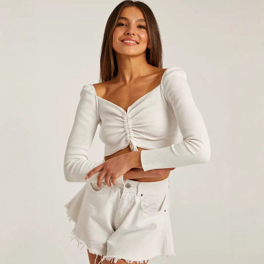 Women’s Cropped Top – Slim Fit – Ribbed Knit – Tie Front – V-Neck – Long Sleeve Casual