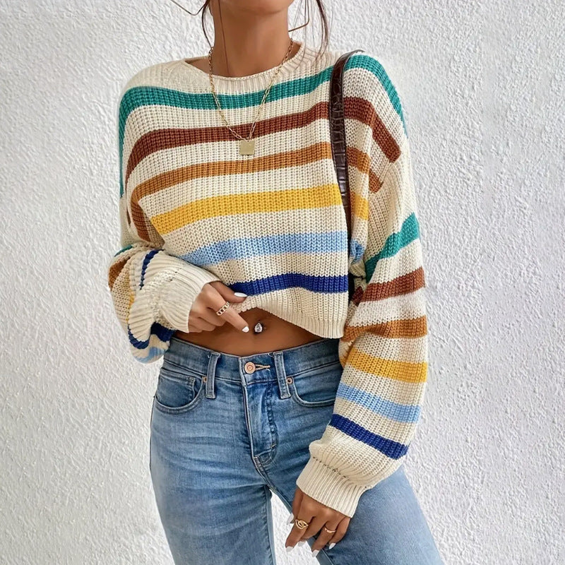 Women’s Knit Sweater – Oversized Fit – Crew Neck – Striped Pattern – Dropped Shoulders