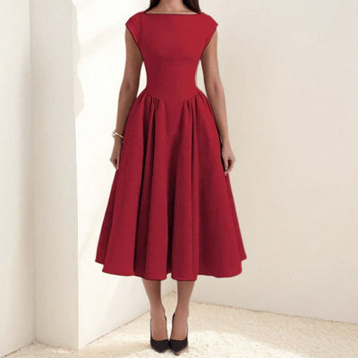 Women’s Midi Dress – Sleeveless – Slim Fit Bodice – Flared Skirt – Round Neck