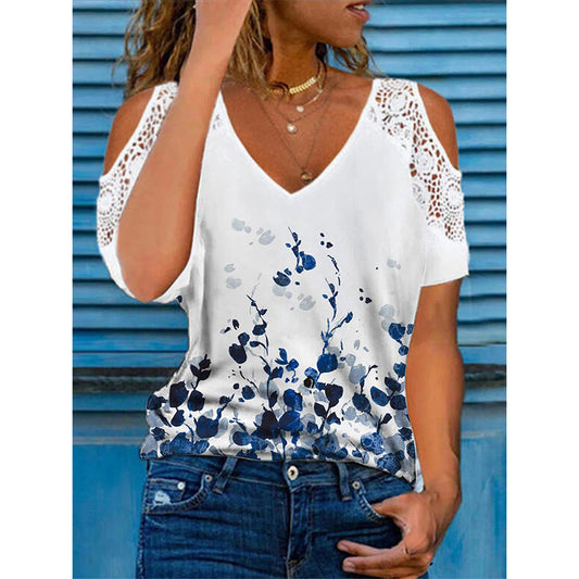 Women’s Cold Shoulder Blouse – Relaxed Fit – Lace Trim – Floral Print – Breathable Blend