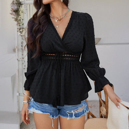 Women’s V-Neck Top – Relaxed Fit – Tie Waist – Puff Sleeves – Lace Trim – Cotton Feel