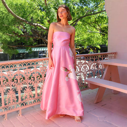 Women’s Evening Gown – Strapless Satin – Floral Print – Slim Fit A-Line Long Dress