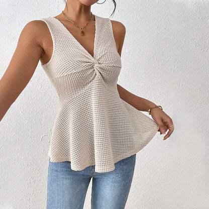 Women’s Sleeveless Top – Slim Fit – V-Neck – Knot Front – Flared Hem – Soft Knit