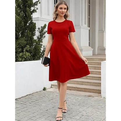 Women’s Fit and Flare Dress – Lightweight Fabric – Round Neck – Short Sleeve – Knee Length