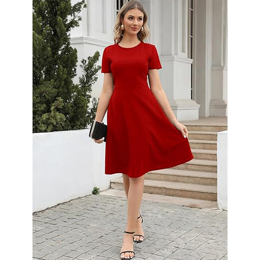 Women’s Fit and Flare Dress – Lightweight Fabric – Round Neck – Short Sleeve – Knee Length