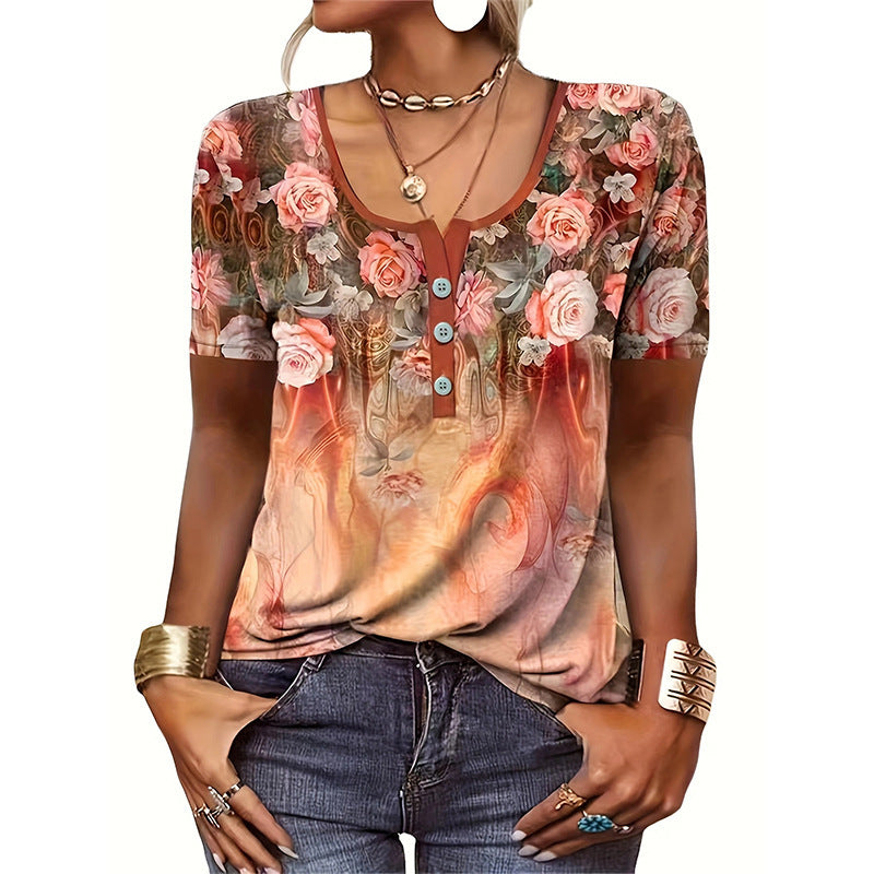 Women’s T-Shirt – Relaxed Fit – Scoop Neck with Buttons – Floral Heart Print