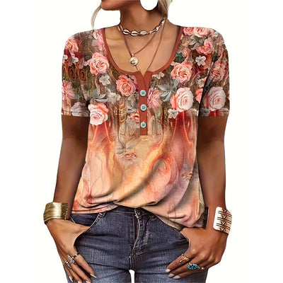 Women’s T-Shirt – Relaxed Fit – Scoop Neck with Buttons – Floral Heart Print