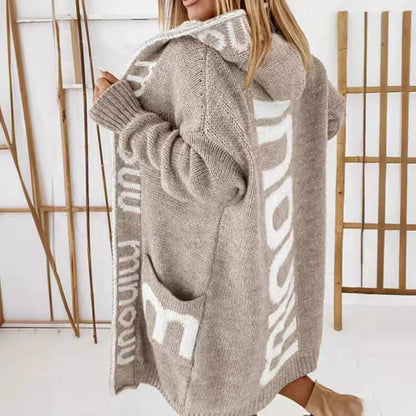 Women’s Knitted Cardigan – Oversized Fit – Hooded – Jacquard Back Detail – Longline