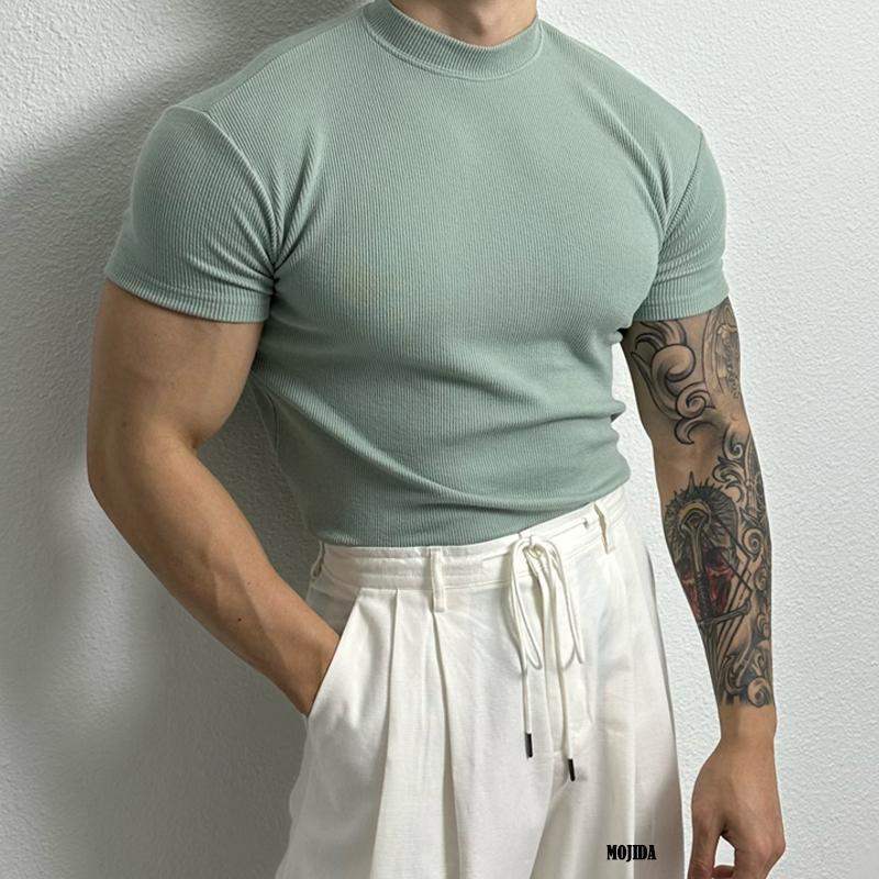 Men’s Fitted Ribbed Knit Top - Short Sleeve - Mock Neck - Breathable Stretch Fabric