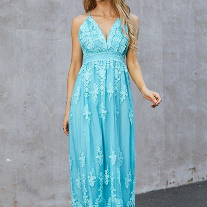 Women’s Maxi Dress – Elegant Fit – Deep V-Neck – Floral Embroidery – Luxury Fabric