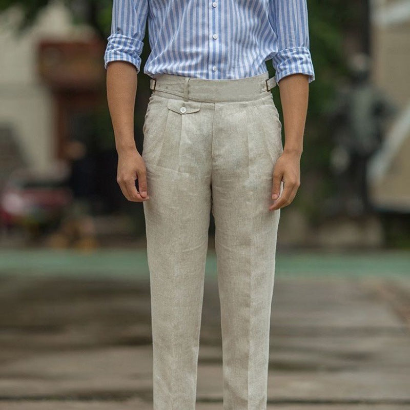 Men’s Trousers – Slim Fit – High Waist Linen – Pleated Front – Business Casual