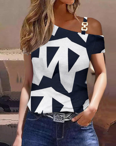 Women’s Short Sleeve Top – Relaxed Fit – One Shoulder – Cotton – Metal Button Detail