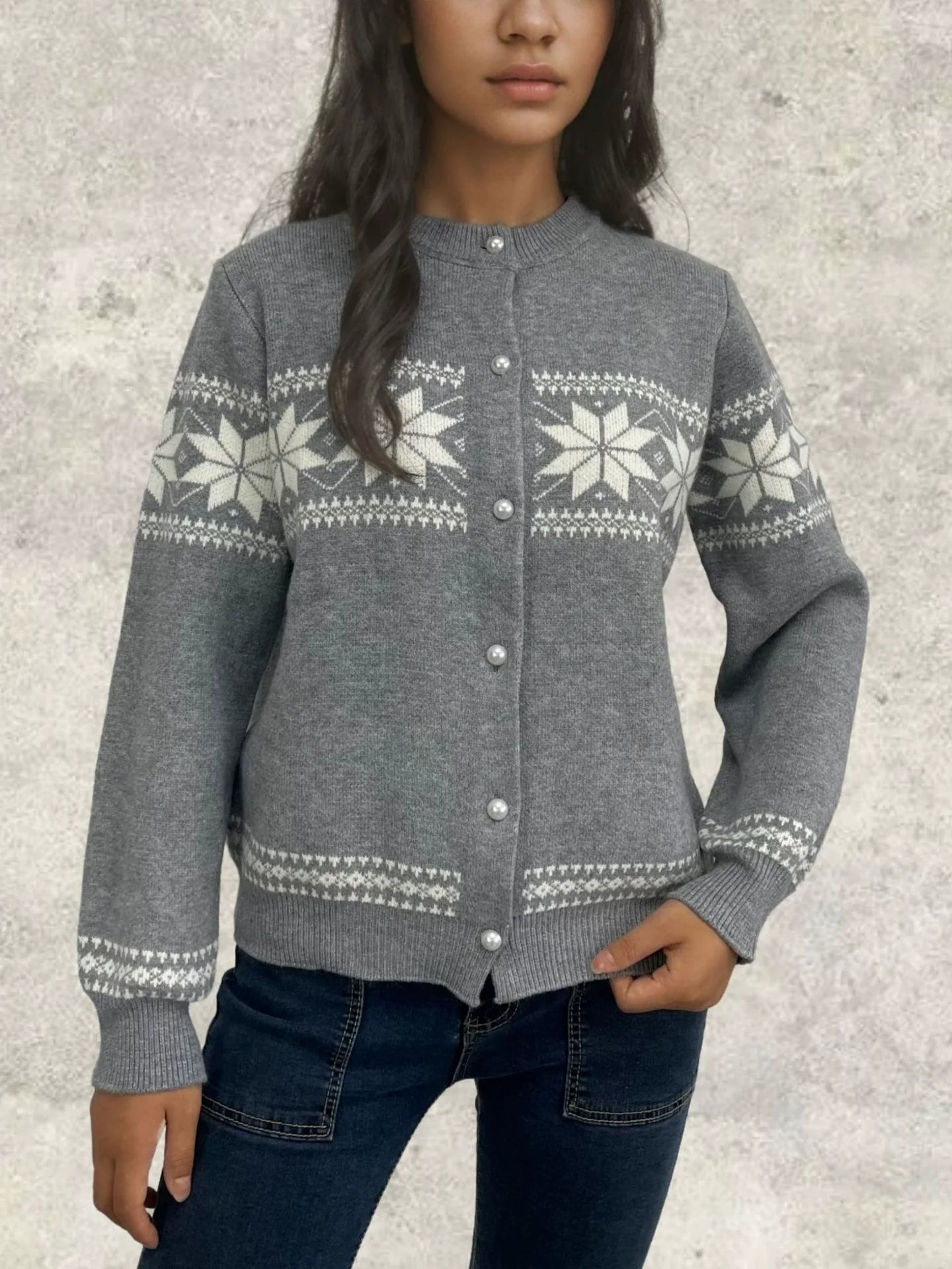Women’s Cardigan – Wool Knit – Regular Fit – Snowflake Pattern – Button Front