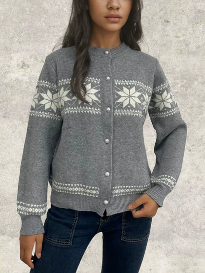 Women’s Cardigan – Wool Knit – Regular Fit – Snowflake Pattern – Button Front