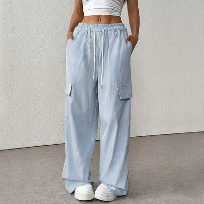 Women’s Wide Leg Trousers – Cotton Blend – Loose Fit – Full Length – Striped – Pockets