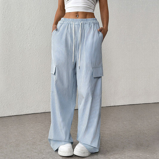 Women’s Wide Leg Trousers – Cotton Blend – Loose Fit – Full Length – Striped – Pockets
