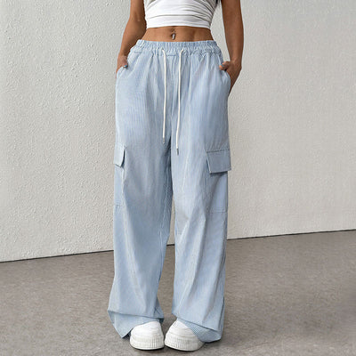 Women’s Wide Leg Trousers – Cotton Blend – Loose Fit – Full Length – Striped – Pockets