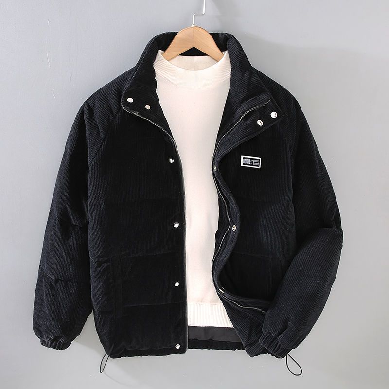 Men's corduroy puffer jacket with standard collar and snaps