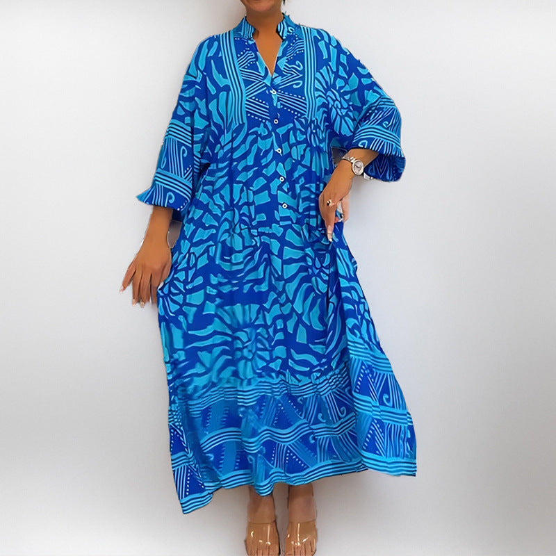 Women’s Midi Dress – Loose Fit – Button-Front – Rolled Sleeves – Abstract Print – Breathable Fabric