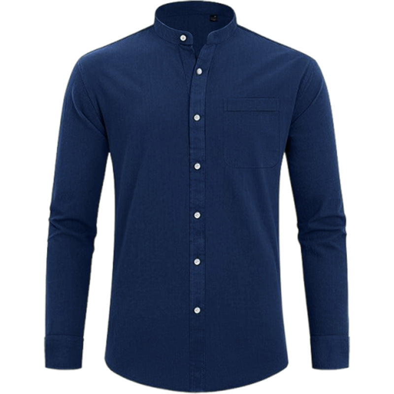 Men’s Button-Up Shirt – Relaxed Fit – Natural Fibers – Mandarin Collar – Long Sleeve