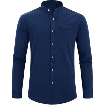 Men’s Button-Up Shirt – Relaxed Fit – Natural Fibers – Mandarin Collar – Long Sleeve